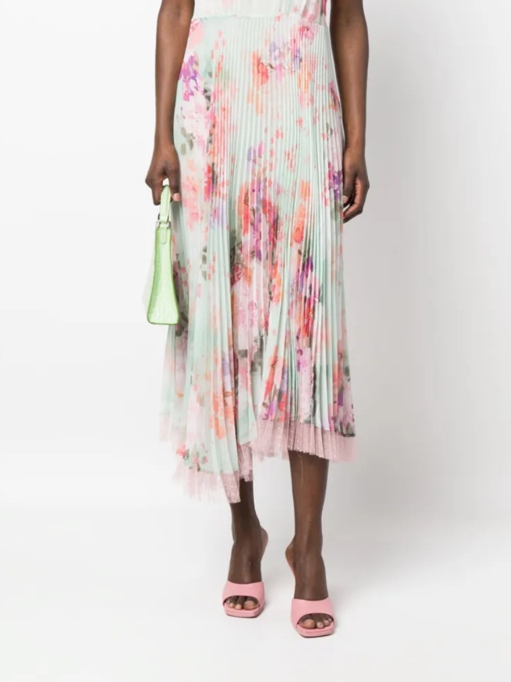Twin-Set Mint Green Floral Pleated Midi Skirt with Lace by Simona Barbieri